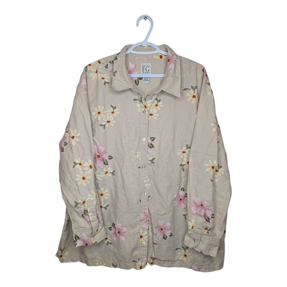 FG Floral Button-Down Shirt - Beige with Pink & Yellow Flowers